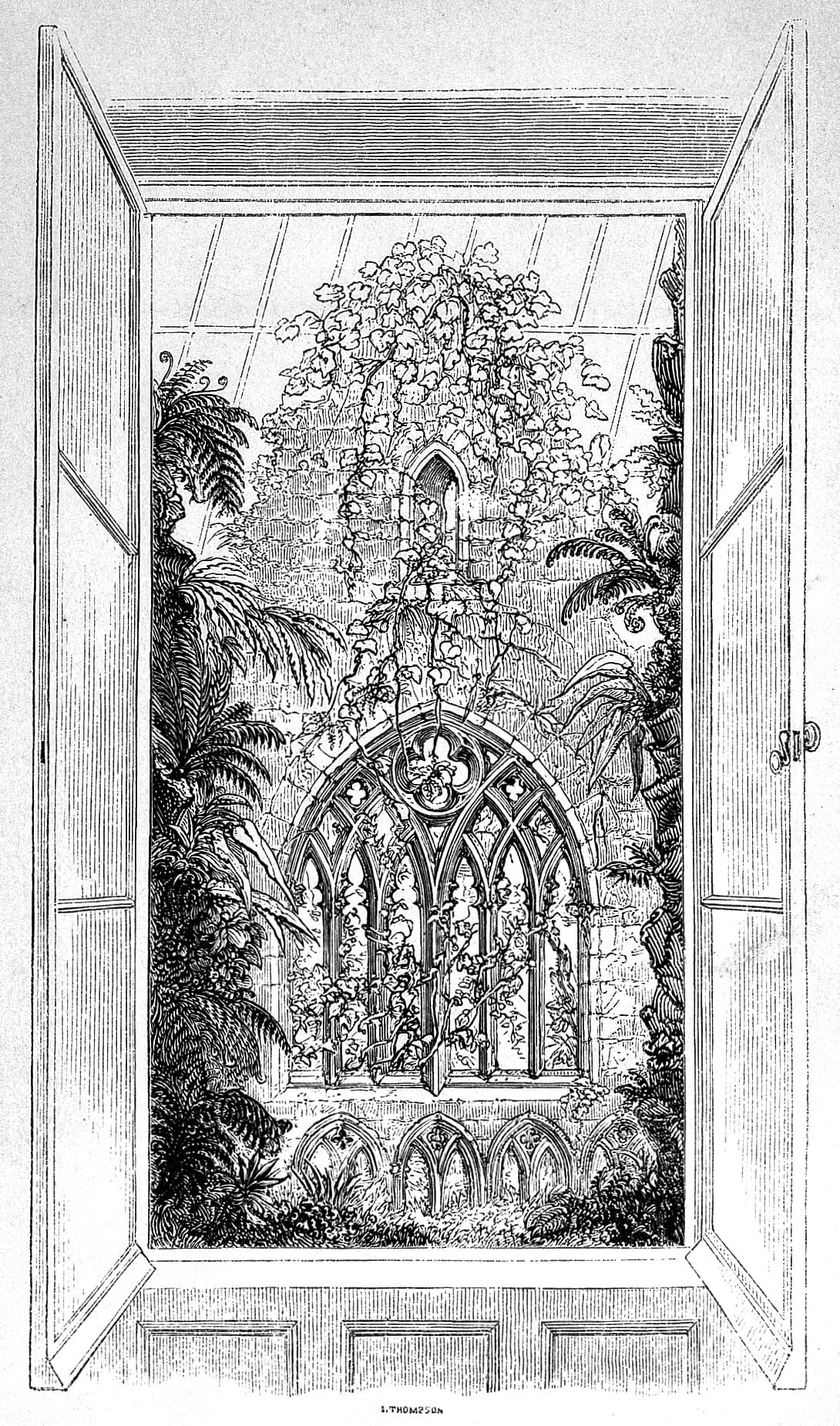 Nineteenth-century illustration of an ornate Gothic-style glazed plant case labelled as a Tintern Abbey case.